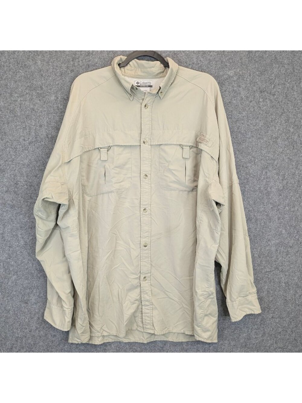 Columbia PFG Mens XL Beige Long Sleeve Vented Outdoor Camp Fishing Shirt UPF50